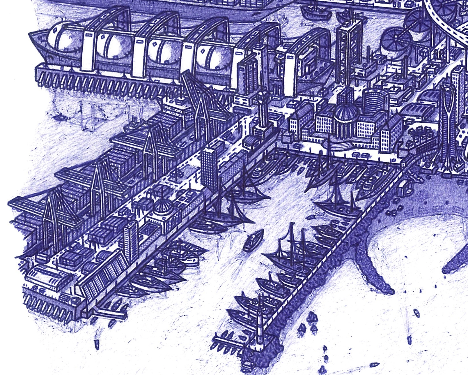 Detail of Atris showing a waterfront district with docks, terraces, and layered platforms.