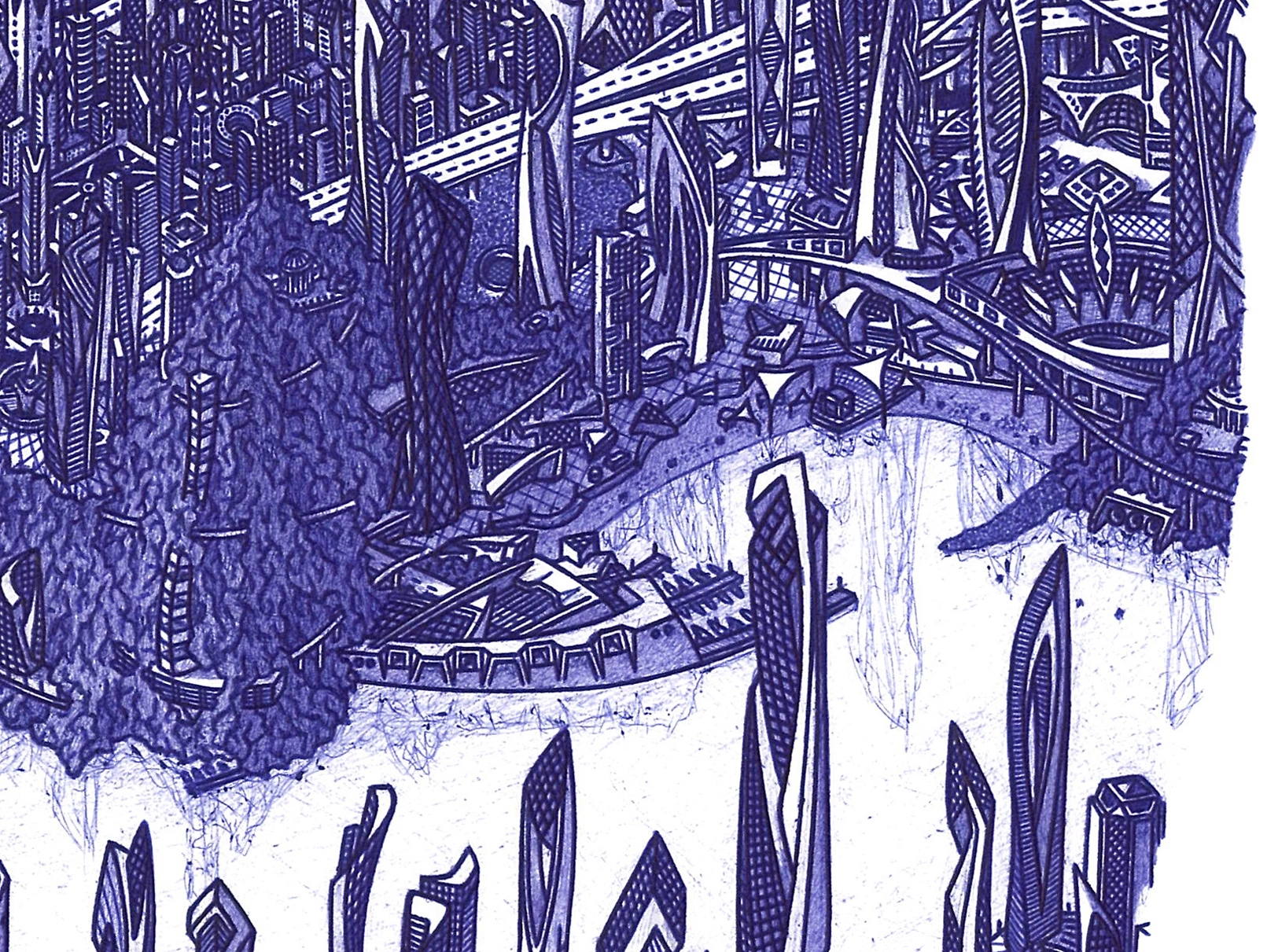 Detail of Atris showing towers and roads built around a rocky terrain edge.