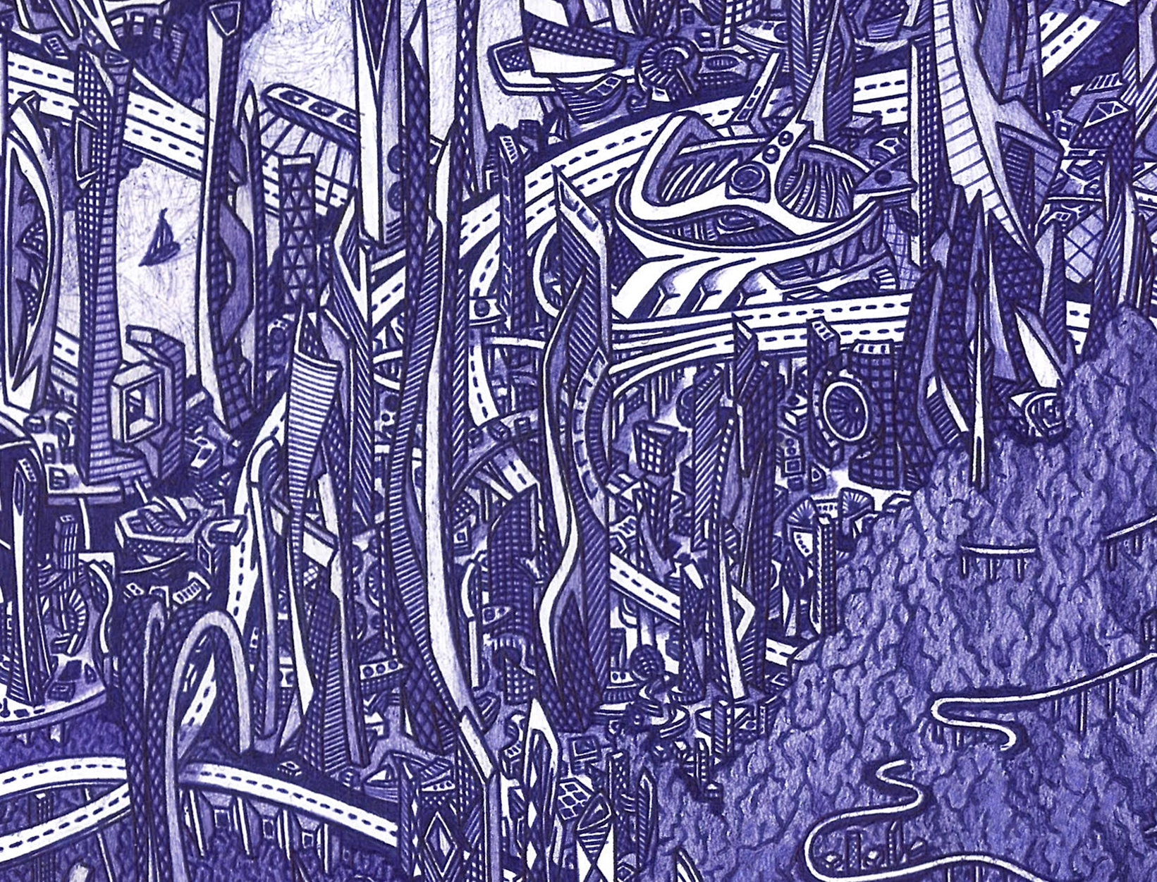Detail of Atris showing compact towers, ramps, and layered architectural forms.