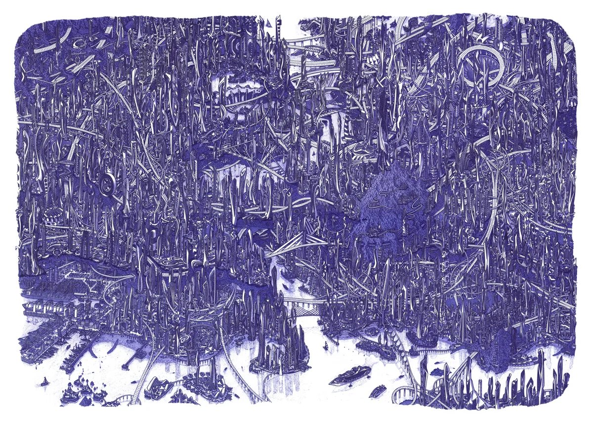 Full view of Atris, a detailed hand-drawn futuristic city artwork by Alex Proud.