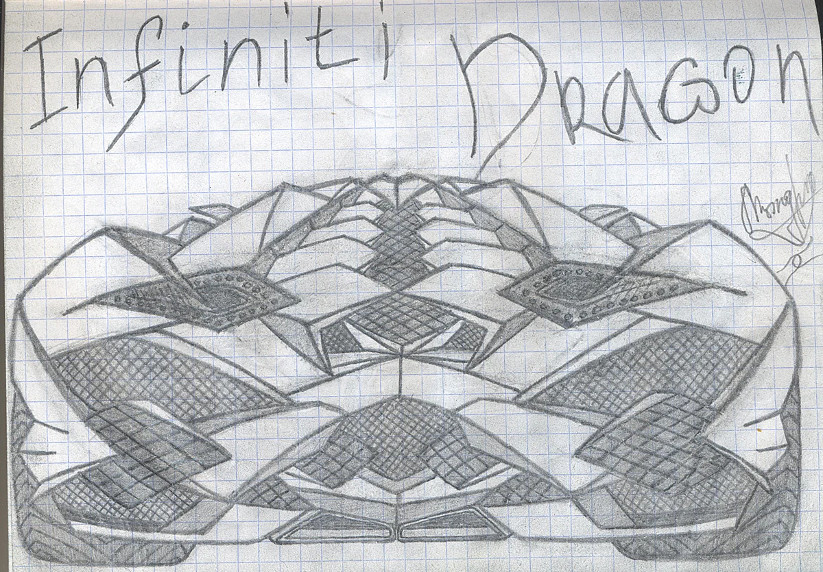 Pencil sketch on graph paper of a symmetrical futuristic vehicle concept.