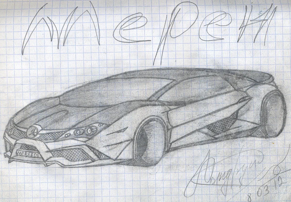 Pencil sketch on graph paper of a low futuristic sports car concept.