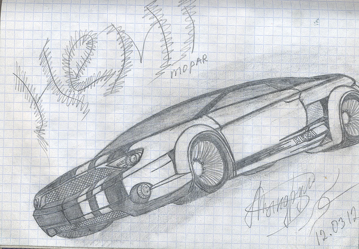 Pencil sketch on graph paper of an angular futuristic car viewed from the front side.