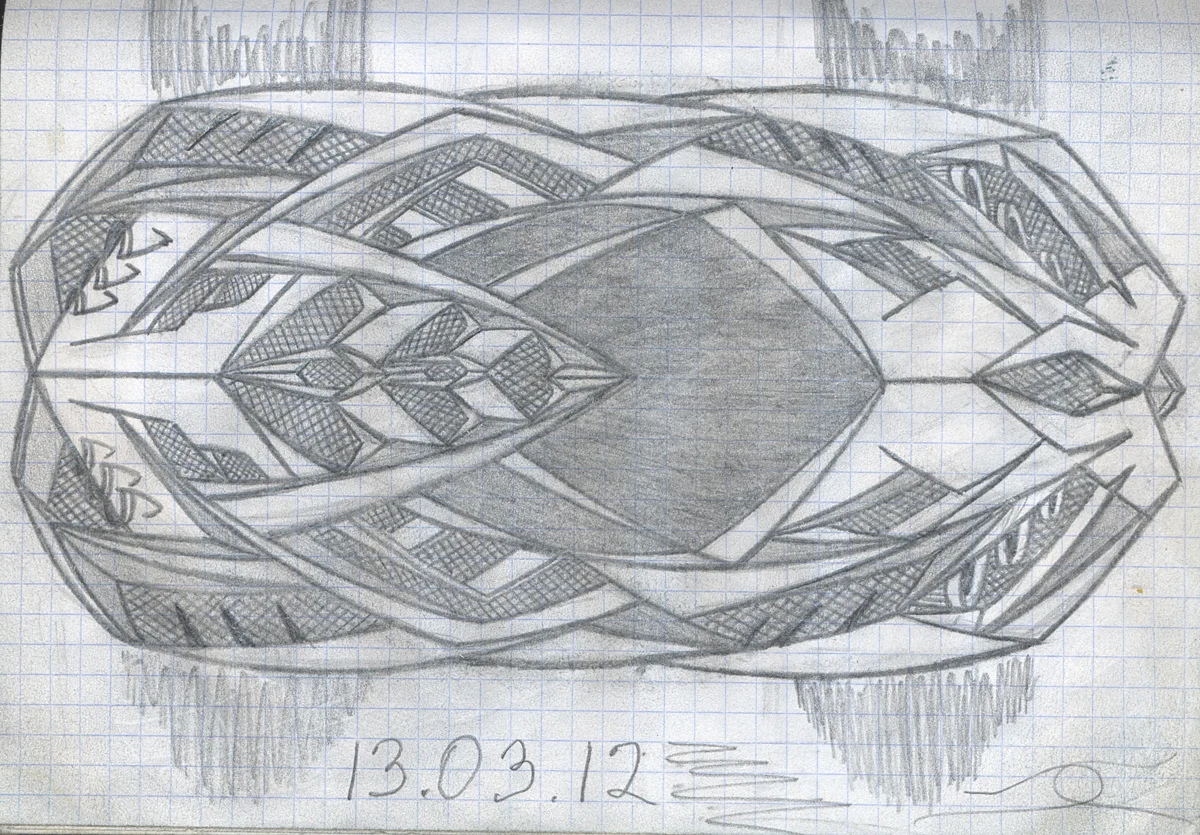 Pencil sketch on graph paper of a futuristic vehicle seen from above.