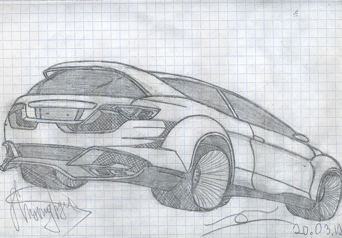 Pencil sketch on graph paper of a futuristic car viewed from the rear side.